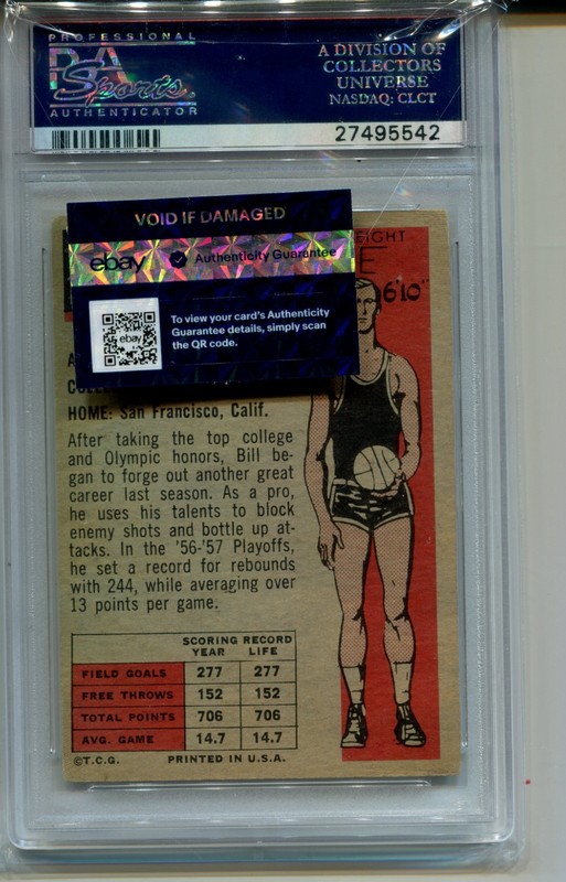 1957 Topps Bill Russell Rookie Card Graded PSA 3 Basketball #77 view 2