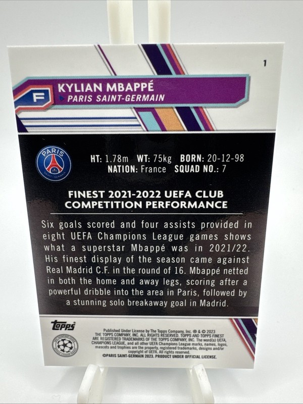 2022-23 TOPPS FINEST UEFA CLUB COMPETITIONS KYLIAN MBAPPE SKY BLUE /275 view 2