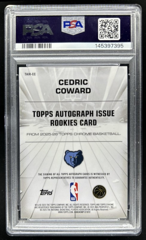 2025-26 Topps Chrome Cedric Coward Auto Rookies RC #TAIR-CC Grizzlies PSA 10 view 2