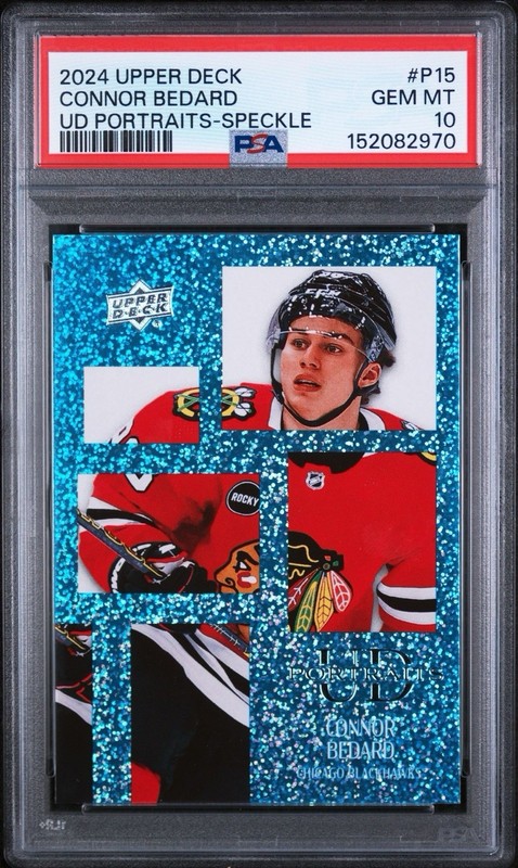Connor Bedard PSA 10 Ud Portraits Speckle SP 2024/25 Upper Deck #P15 Blackhawks view 1
