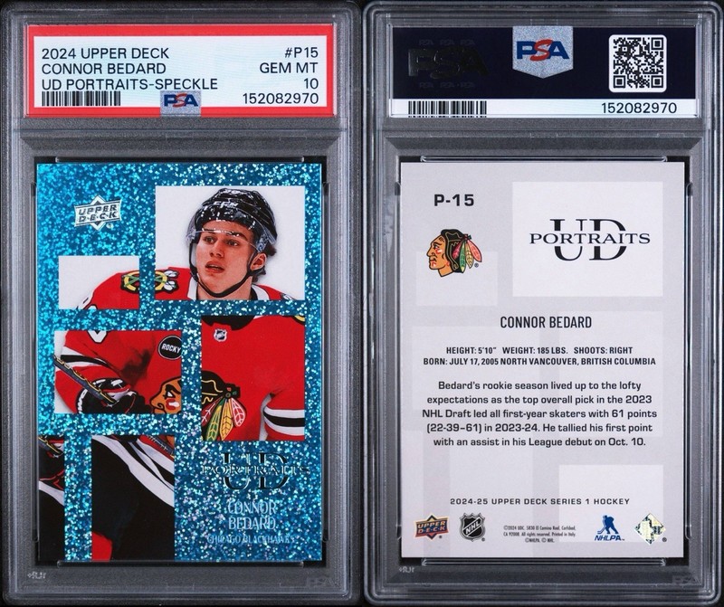 Connor Bedard PSA 10 Ud Portraits Speckle SP 2024/25 Upper Deck #P15 Blackhawks view 2