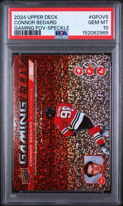 Connor Bedard PSA 10 Gaming FOV Speckle SP 2024 Upper Deck Chicago Blackhawks view 1