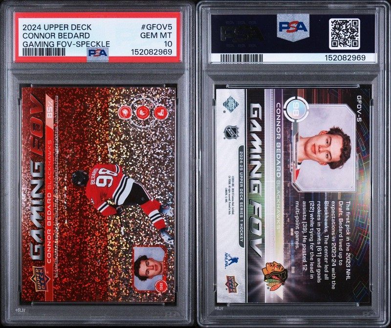 Connor Bedard PSA 10 Gaming FOV Speckle SP 2024 Upper Deck Chicago Blackhawks view 2