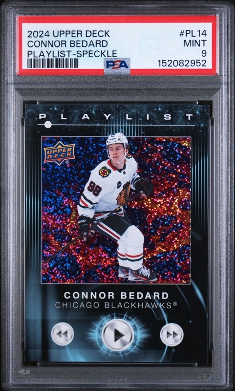 Connor Bedard Playlist Speckle SP PSA 9 Chicago Blackhawks 2024 Upper Deck view 1