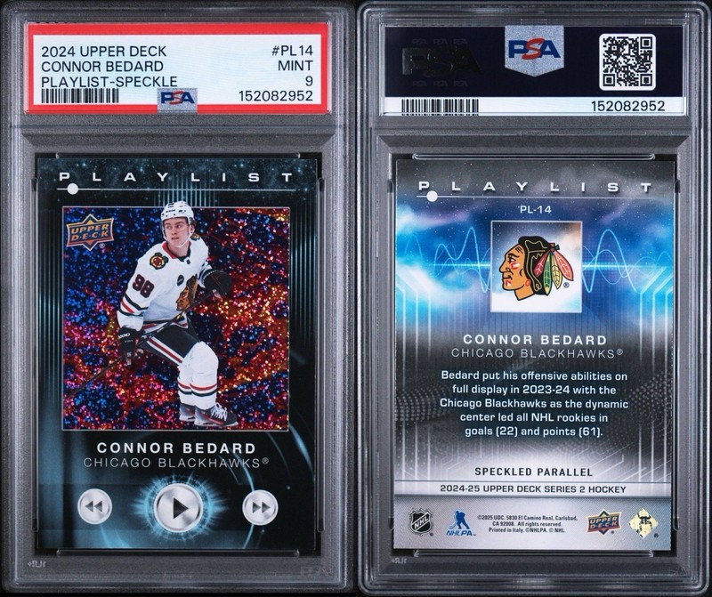 Connor Bedard Playlist Speckle SP PSA 9 Chicago Blackhawks 2024 Upper Deck view 2
