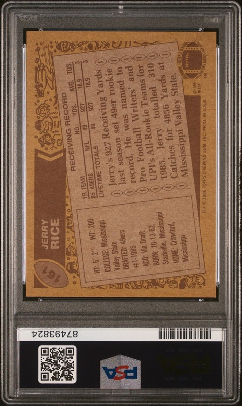 1986 Topps Football Jerry Rice #161 Rookie RC PSA 5 view 2