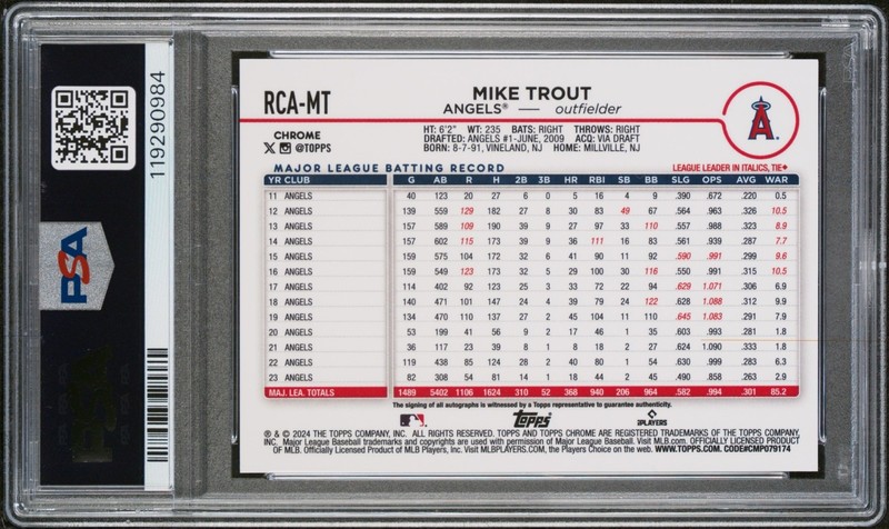 2024 Topps Chrome Logofractor Baseball Mike Trout MLB Refractor Auto PSA 10 view 2