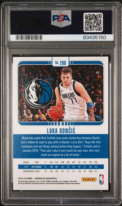 2018-19 Panini Chronicles Basketball Luka Doncic #296 Rookie RC PSA 10 view 2