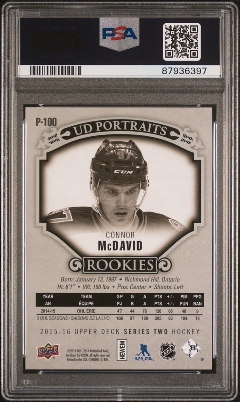 2015-16 Upper Deck Hockey Connor McDavid #P-100 Rookie RC UD Portraits PSA 9 view 2