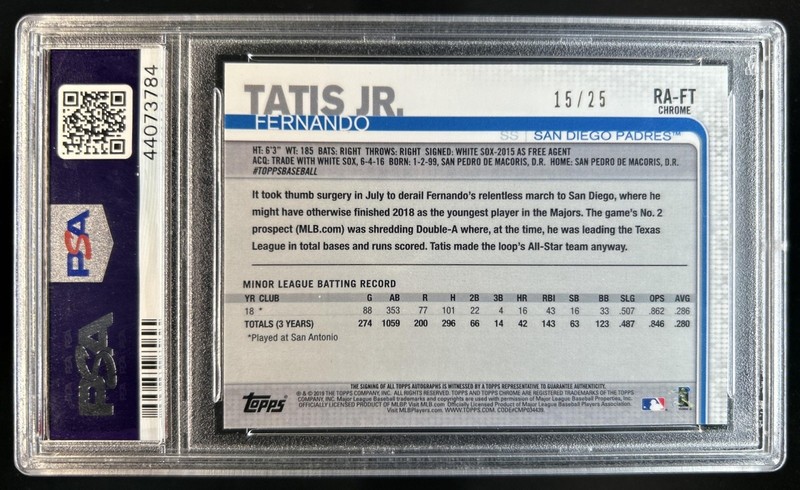 2019 Topps Chrome Fernando Tatis Jr. Rookie Auto RC Orange Refractor #/25 PSA 10 view 2