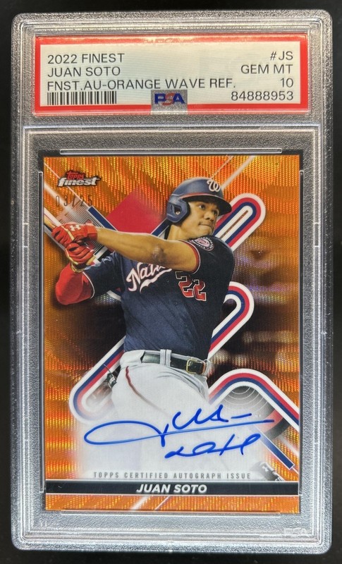 2022 Topps Finest Juan Soto Auto Orange Wave Refractor #/25 Nationals PSA 10 view 1