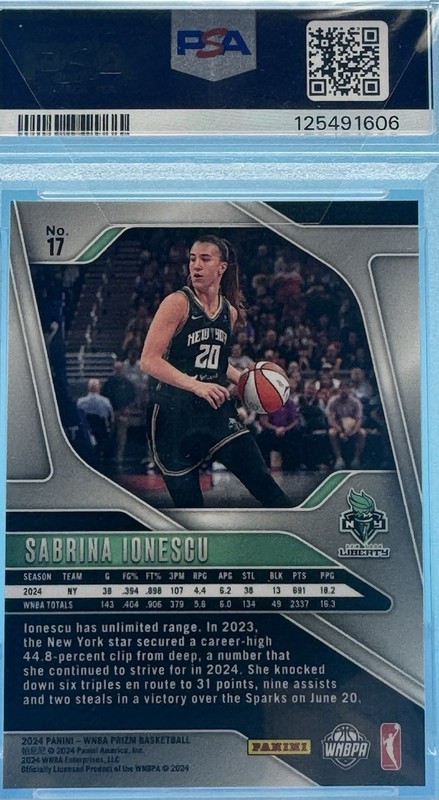 2024 Panini Prizm Sabrina Ionescu WNBA #17 New York Liberty PSA 7 view 2
