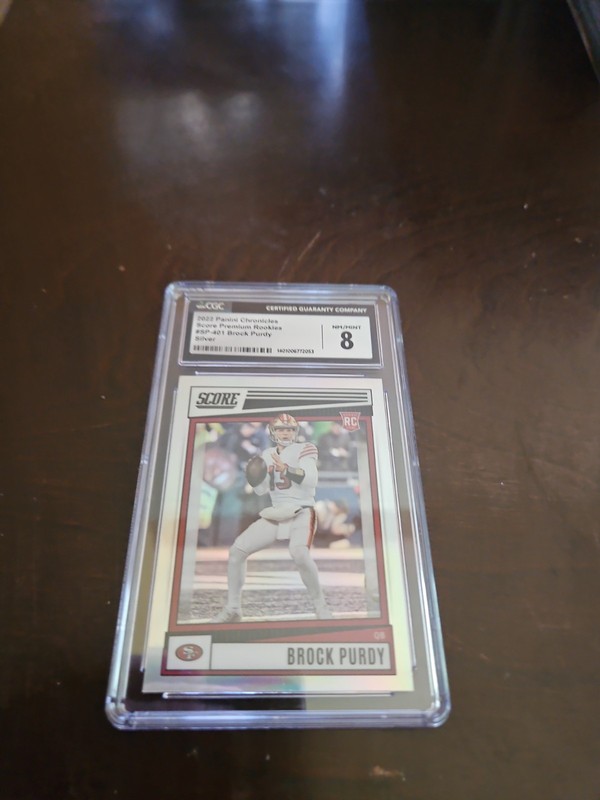 2022 Panini Chronicles - Score Premium RC Brock Purdy #SP-401 Silver Prizm PSA view 2