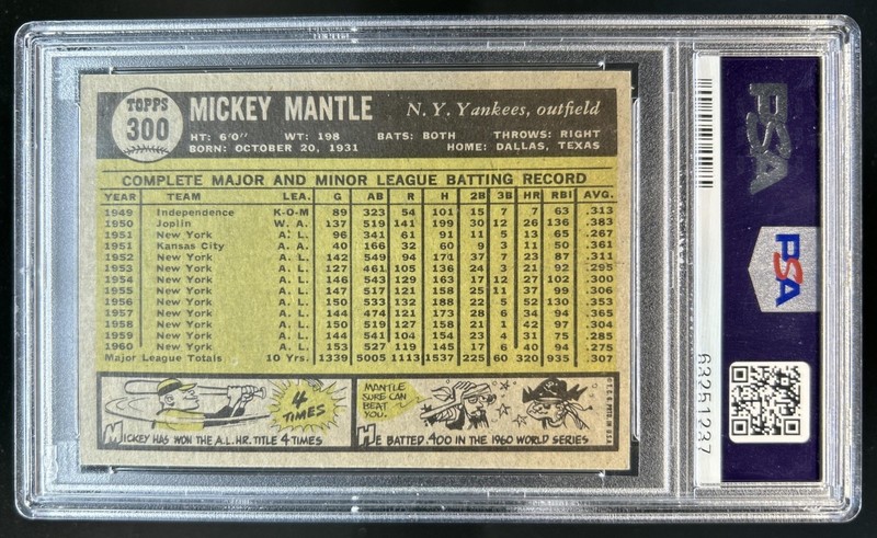 1961 Topps Mickey Mantle #300 New York Yankees PSA 8 view 2