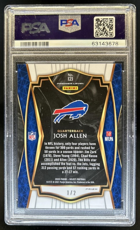 2020 Select Josh Allen Snakeskin Green and Black Prizm Premier Level #/2 PSA 9 view 2