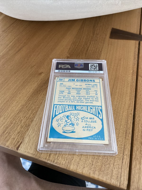 1968 Topps #208 Detroit Lions JIM GIBBONS Vintage Football Card PSA 5 view 2