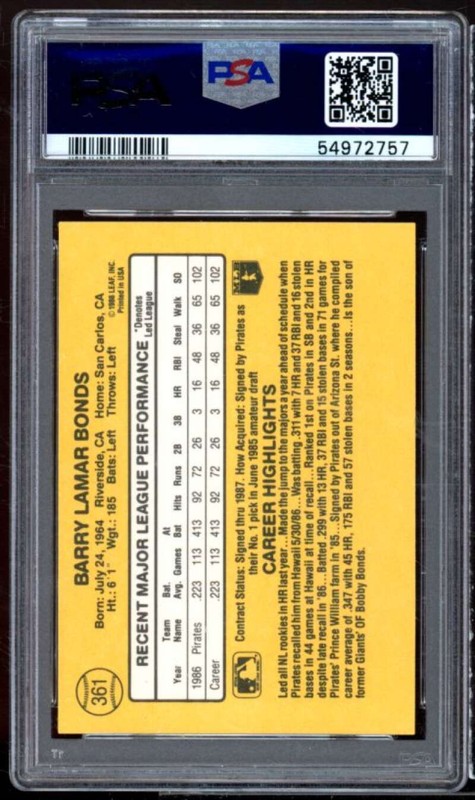 Barry Bonds Rookie Card 1987 Donruss #361 PSA 9 view 2