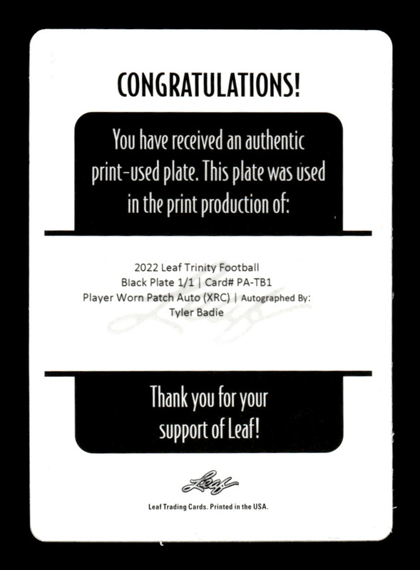 2022 Leaf Trinity Football Tyler Badie #PA-TB1 Black Printing Plate 1/1 Auto view 2