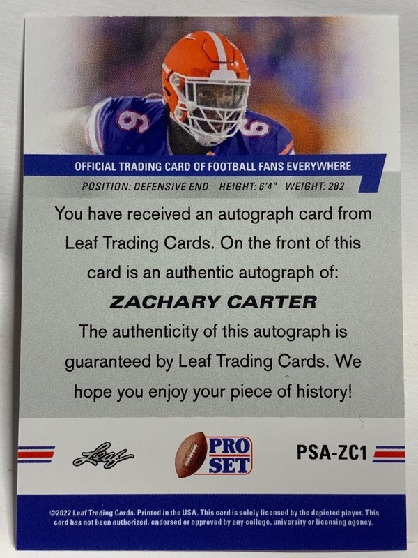 2022 Leaf Pro Set Draft - Auto #PSA-ZC1 Zachary Carter RC Cincinnati Bengals view 2