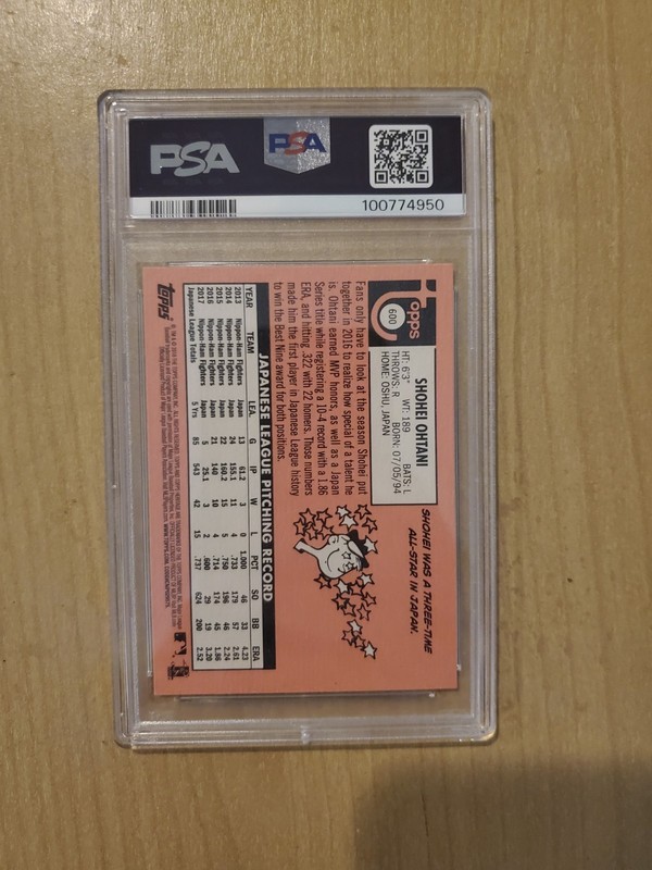 2018 Topps Heritage High Number base Shohei Ohtani rookie card RC #600 PSA 10 view 2