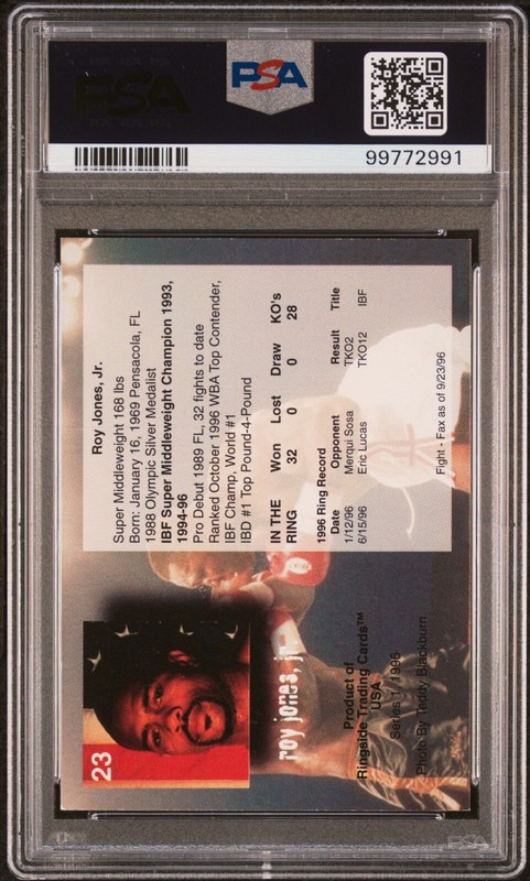 1996 Roy Jones Jr signed card Ringside Boxing #23 ROOKIE PSA 7 AUTO 10 RC Pop 1 view 2