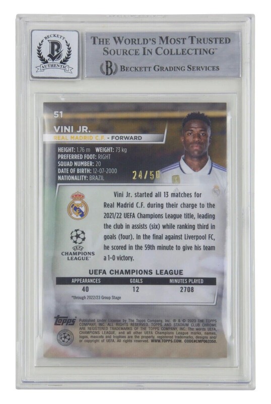 Vinicius Jr Signed 2022-23 Topps Stadium Club Chrome Gold /50 – BGS 10 Autograph view 2