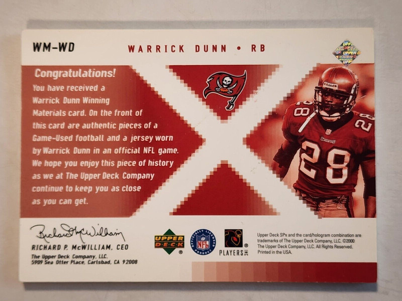 2000 UPPER DECK SPX WARRICK DUNN DUAL GAME USED FOOTBALL & JERSEY CARD view 2