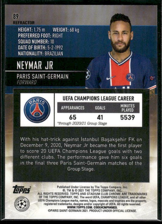2020-21 Stadium Club Chrome UEFA Champions League #89 Neymar Jr Refractor view 2