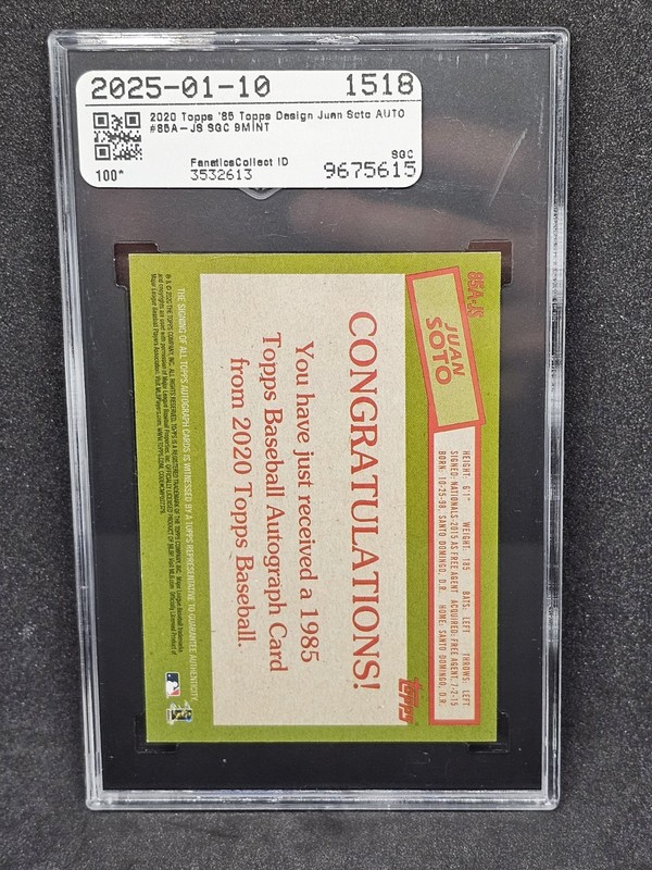 2020 TOPPS BASEBALL '85 VARIATION JUAN SOTO AUTO PSA 9 MINT 85A-JS AUTOGRAPH view 2