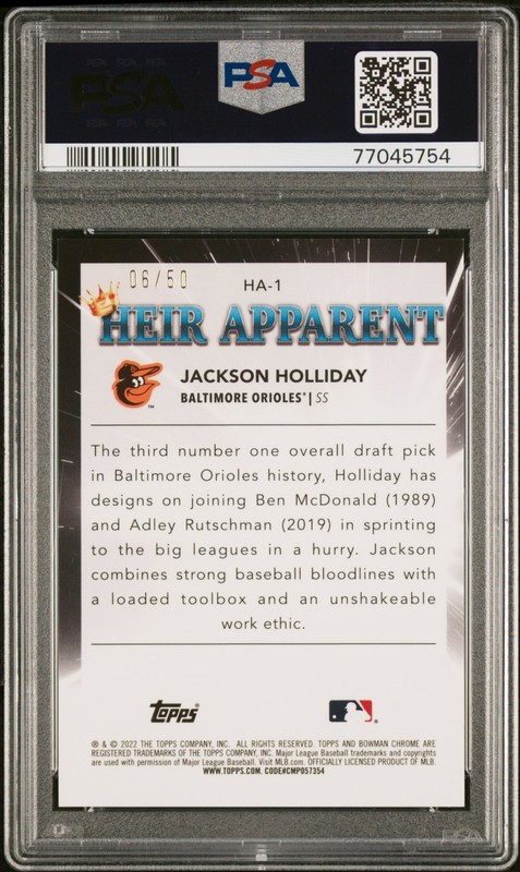 2022 Bowman Chrome Jackson Holliday Heir Apparent Gold /50 PSA 10 (crack) view 2