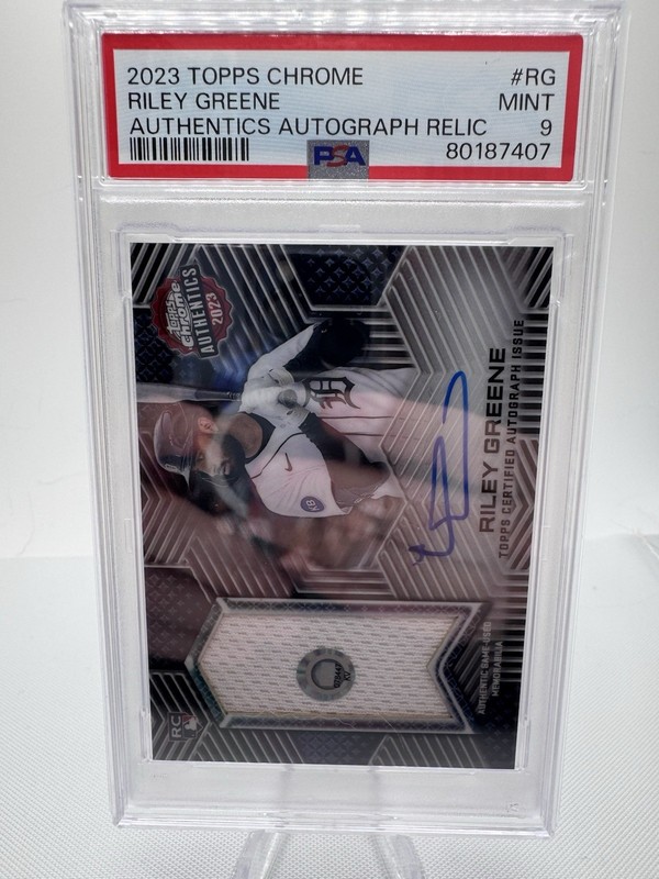 2023 Topps Chrome Riley Greene Rookie Patch On Card Auto /99 Game Worn PSA 9