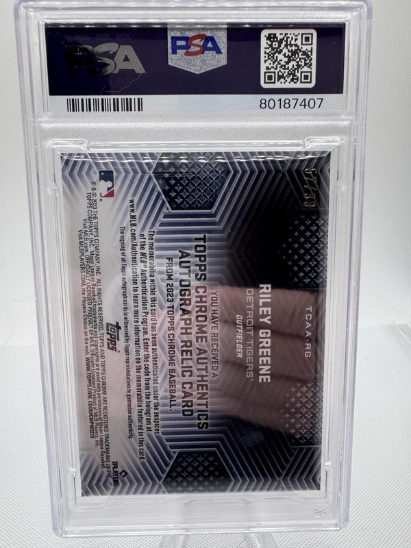 2023 Topps Chrome Riley Greene Rookie Patch On Card Auto /99 Game Worn PSA 9 view 2