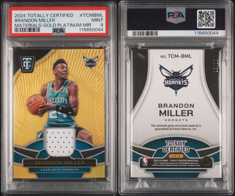 2024-25 Totally Certified BRANDON MILLER Gold /10 Game Worn Patch PSA 9 Pop 2