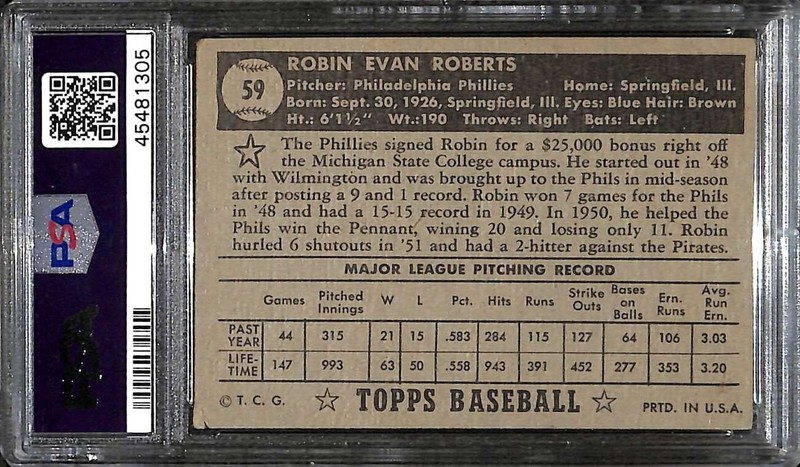 1952 Topps #59 Robin Roberts HOF PSA 3 VG Black Back C100615 view 2