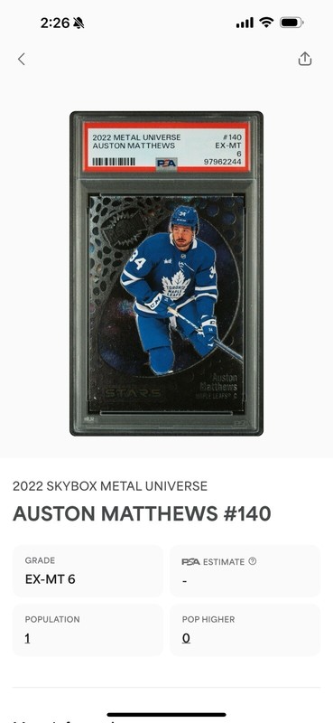 2022-23 Skybox Metal Universe - Stars #140 Auston Matthews Maple Leafs POP 1 PSA view 2