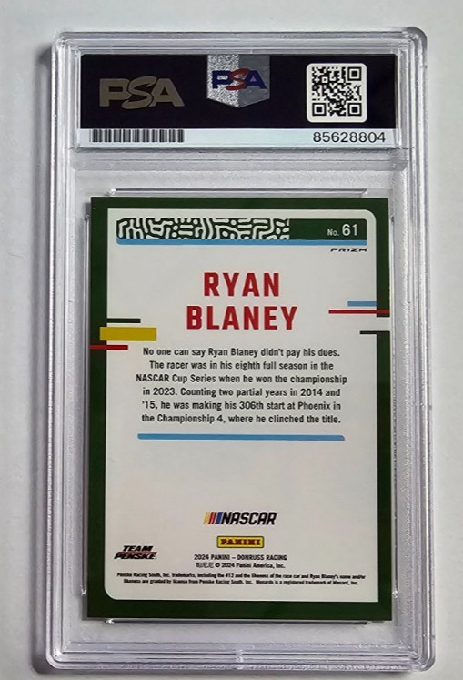 Ryan Blaney Signed 2024 Panini Donruss Racing Optic Blue Velocity Card PSA Auto view 2