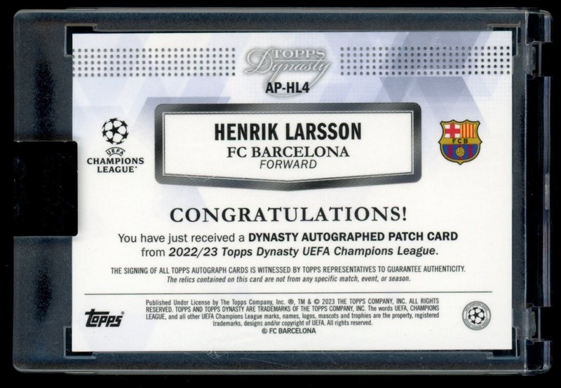 2022-23 Topps Dynasty Soccer Henrik Larsson Patch On Card Auto /5 Barcelona view 2