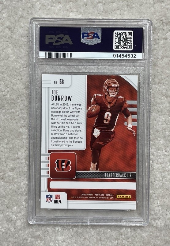 Joe Burrow Rookie Card 2020 Panini Absolute Green PSA 10 #158 Cinci Bengals Rc view 2