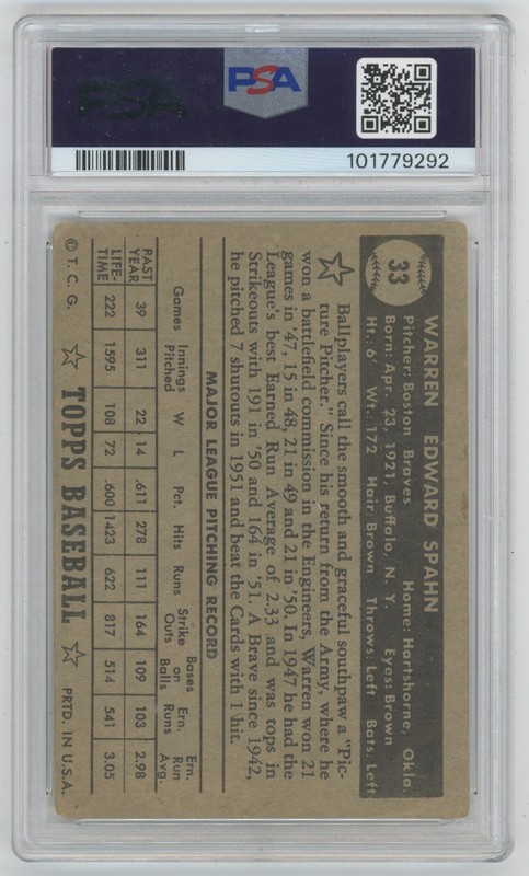1952 Topps 33 Spahn PSA 1 708331 view 2