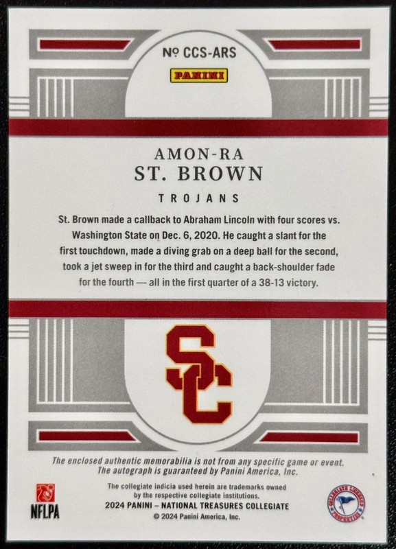2025 Panini National Treasures Collegiate Amon-Ra St Brown Patch Auto /99 CCSARS view 2