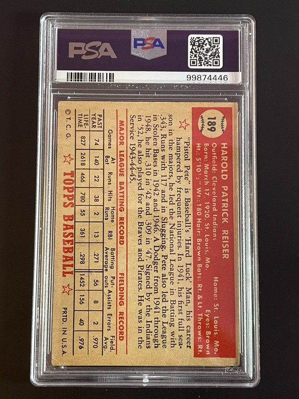 1952 Topps Baseball #189 Pete Reiser PSA 3 Very Good view 2