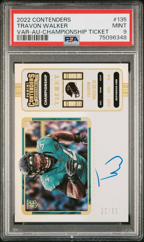 2022 Contenders Travon Walker RC #135 Champ. Ticket Var. Auto /25 Jaguars PSA 9* view 1
