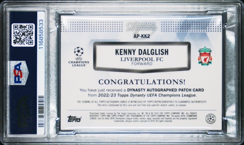 2022-23 Topps Dynasty UCL Kenny Dalglish AP-KK2 Patch Auto /10 PSA 9 Liverpool view 2