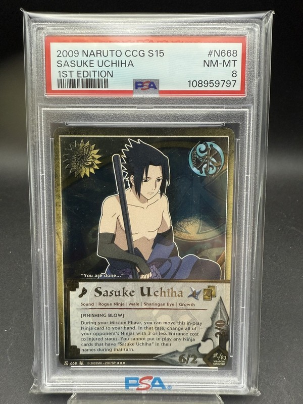 Naruto CCG PSA 8 POP 2 # 668 Sasuke Uchiha Finishing Blow Super RARE - Gold Foil