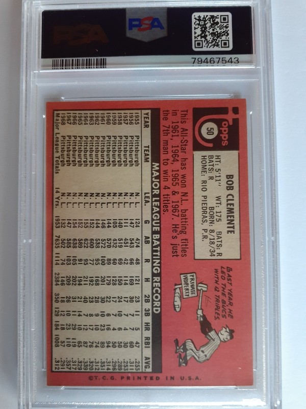 1969 Topps Roberto Clemente (Bob) #50 PSA 7  view 2