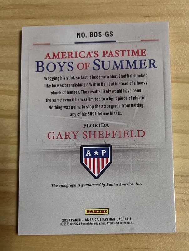 2023 Panini Americas Pastime Gary Sheffield Boys Of Summer Gold ON CARD Auto 1/1 view 2