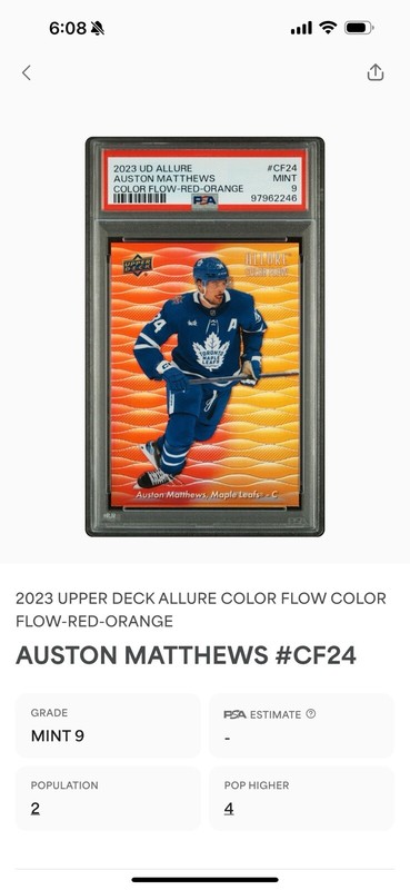 2023 Upper Deck Allure - Color Flow Red Orange CF-24 Auston Matthews Low POP PSA view 2
