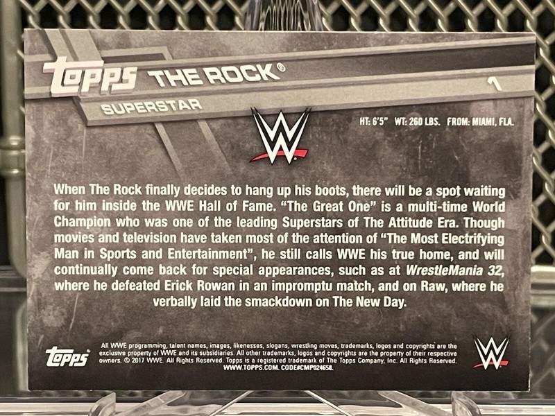 2017 Topps The Rock WWE Wrestling Card #1 WWF Dwayne Johnson Legend Brama Bull view 2