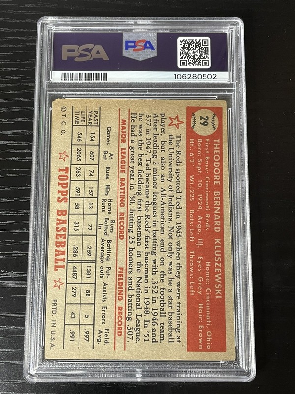 1952 Topps Baseball #29 Ted Kluszewski PSA 3 Very Good Red Back view 2