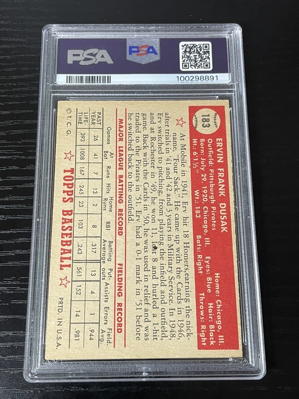 1952 Topps Baseball #183 Erv Dusak PSA 6 EX-MT Graded view 2